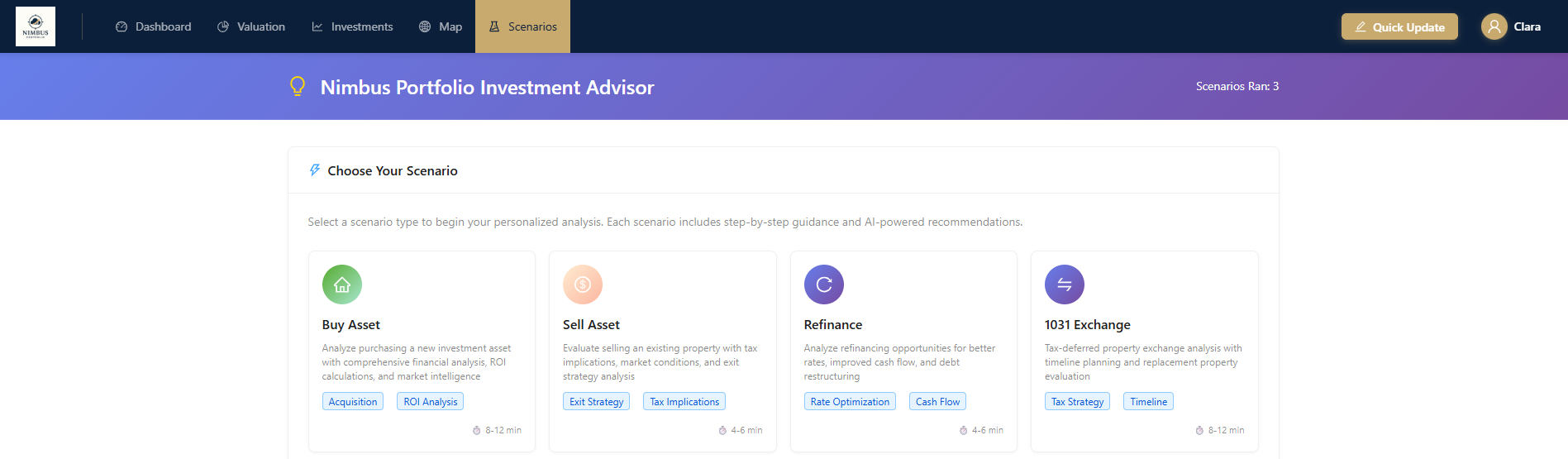 AI-powered scenario analysis showing investment decisions with risk insights and market timing